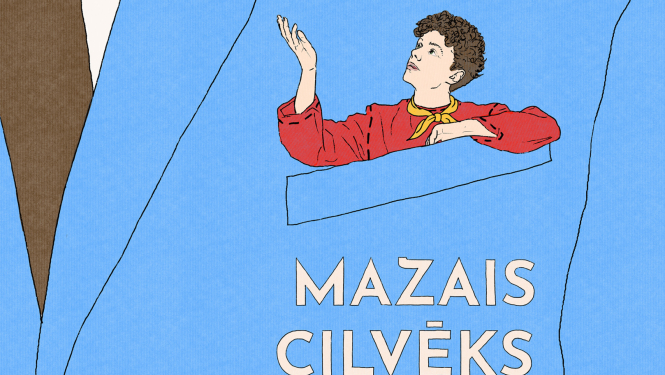 Zīmējums ar mazu cilvēciņu gaišzilas žaketes kabatā un uzraksts "Mazais cilvēks"
