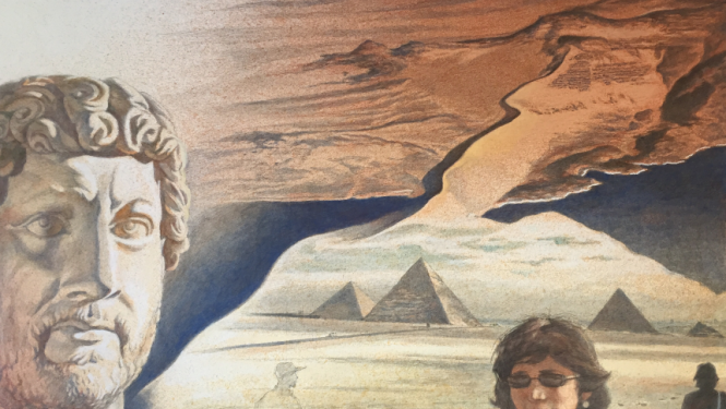 Glezna okera toņos, attēlots vīrieša portrets un sengrieķu statujas biste; fonā - trīs piramīdas