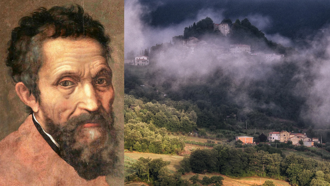 Mikelandželo Buonarroti portrets un glezna, kurā redzama ainava