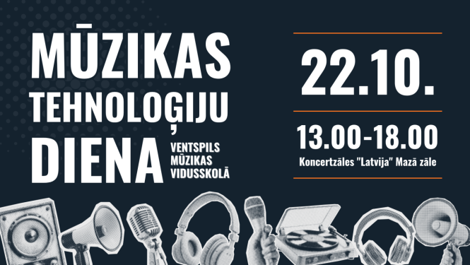 Teksts uz tumši zila fona: Mūzikas tehnoloģiju diena, 22.10.