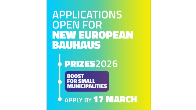 Dekoratīvs attēls ar tekstu: Applications open for NEW EUROPEAN BAUHAUS
