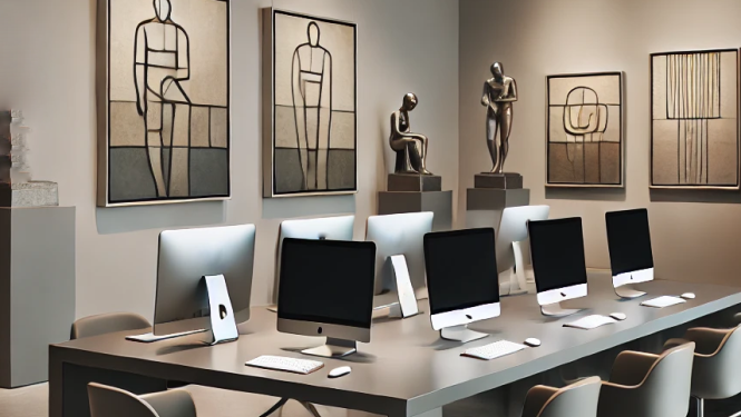 Telpa ar datoriem uz galda, ar mākslīgā intelekta rīkiem ģenerēts attēls.