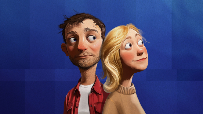 Izrādes publicitātes attēls - divi animēti zīmēti izrādes personāži