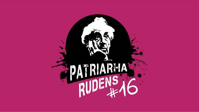 Festivāla "Patriarha rudens" logo ar režisora Eduarda Smiļģa portreta fragmentu uz rozā krāsas fona