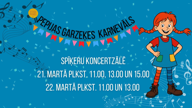 Ilustrācija ar Pepiju Garzeķi un teksts: Pepijas Garzeķes karnevāls Spīķeru koncertzālē