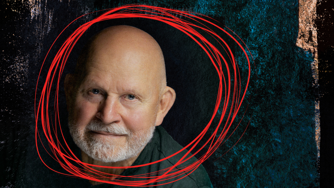 Komponista Pētera Vaska portrets uz tumša fona ar sarkanu akcentu