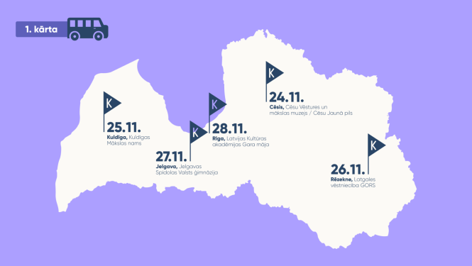 Latvijas karte ar LKA rīkotā kultūras kanona konkursa 1. kārtas norises vietām un datumiem
