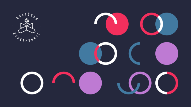 Attēls ar stilizētiem ģeometriskiem apļiem dažādās krāsās uz tumši zila fona un logo kreisajā pusē ar uzrakstu “Kultūras Krustpunkti"