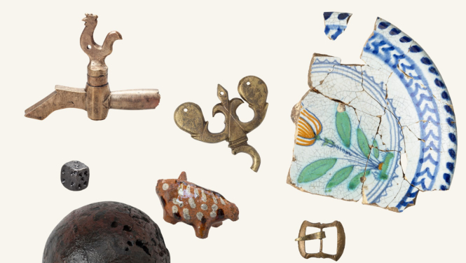 Izstādes “Kobronskansts: arheoloģiskas liecības par zudušo cietoksni Pārdaugavā” tēmas kompozīcija. Foto: M.L.Gredzena (RVKM)