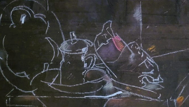 Uz tumša fona ar gaišu līniju klusās dabas aprises - priekšmeti uz galda