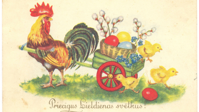 Lieldienu apsveikuma pastkarte. 20. gs. pirmā puse. No Rīgas vēstures un kuģniecības muzeja krājuma.