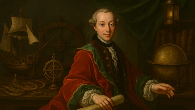 Rīgas vēstures un kuģniecības muzeja pamatlicēja un patrona, 18. gadsimta Rīgas ārsta un kolekcionāra Nikolausa fon Himzela portreta aktualizācija “Muzeju naktij 2025” ar devīzi “Mūsu vērtību stāsti”, radīta ar mākslīgā intelekta līdzdalību.