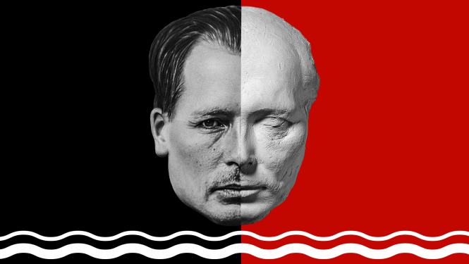 Kolāža no Andreja Upīša portreta foto un tēlnieka veidota portreta uz sarkanas un melnas krāsas fona