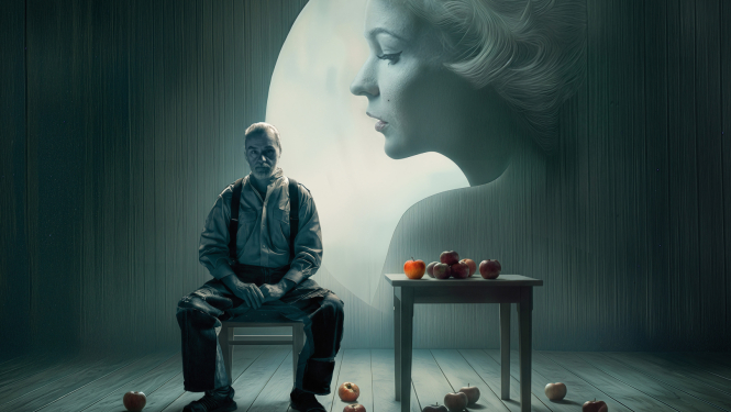 Izrādes publicitātes attēls - tēls sēž krēslā uz skatuves pie galdiņa uz kura stāv āboli, fonā sievietes projekcija