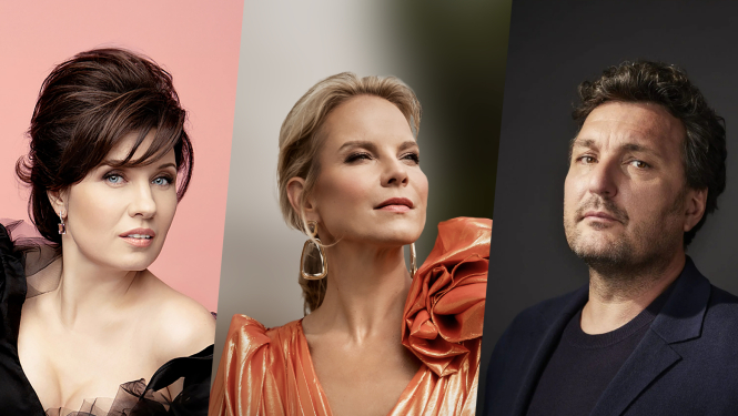 Operdziedātāji Marina Rebeka, Elīna Garanča un Ludoviks Tezjē - kolāža no trīs fotoportretiem