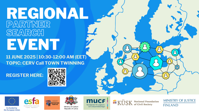 Asociatīvs attēls ar kartes siluetu un tekstu: regional event