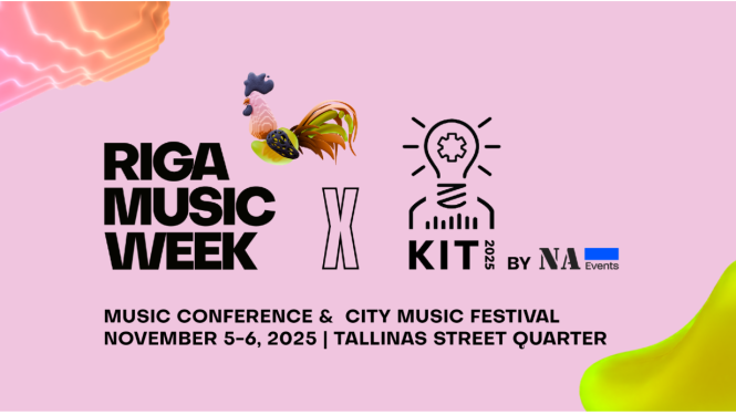 Mūzikas industrijas pasākuma “RIGA MUSIC WEEK” afiša ar tekstu “RIGA MUSIC WEEK” un gaiļa figūru