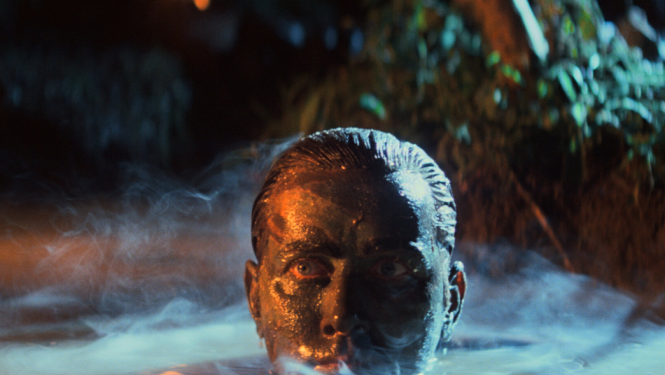 Kadrs ar sievietes galvu, iznirstošu no ūdens, nakts apgaismojumā.