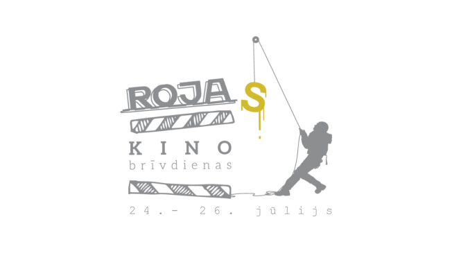 Attēls ar stilizētu filmu klapīti un cilvēka siluetu, teksts: "Rojas kino brīvdienas 2025", 24.-26. jūlijs