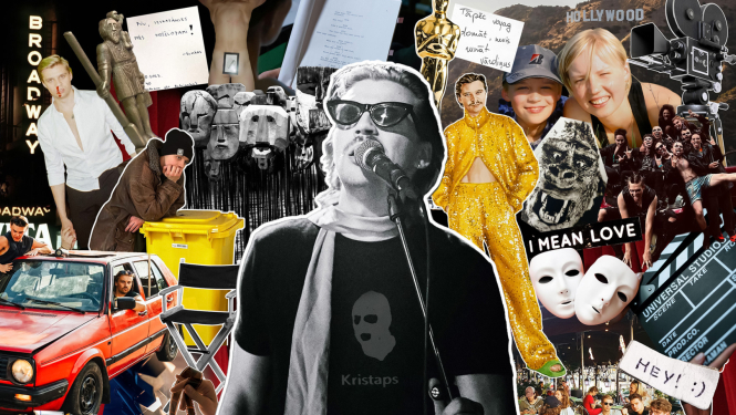 Izrādes publicitātes attēls - foto kolāža ar dažādiem priekšmetiem un cilvēkiem