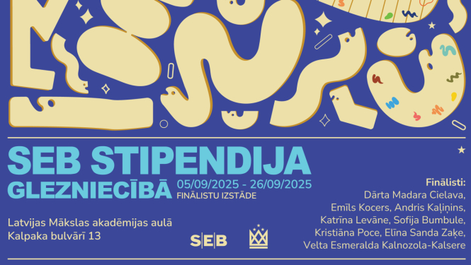 Krāsains abstrakts attēls ar tekstu SEB STIPENDIJA GLEZNIECĪBĀ