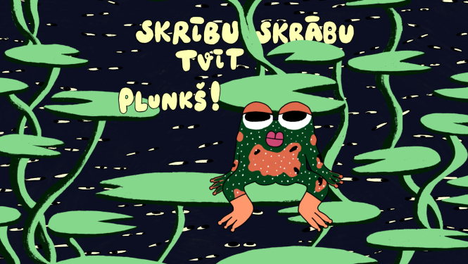 Ilustrācija ar vardi un tekstu: "Skribu skrābu tvīt plunkš!"