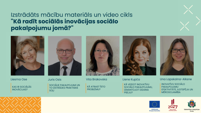 Teksts: Izstrādāts mācību materiāls un video cikls “Kā radīt sociālās inovācijas sociālo pakalpojumu jomā?”. foto ar ekspertiem, kuri izstrādājuši mācību resursus sociālo pakalpojumu kvalitātes uzlabošanai