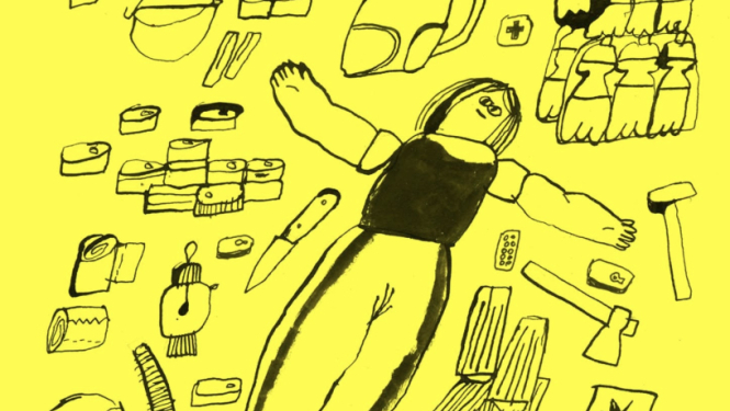 Ukraiņu mākslinieku grupas “Pictoric” izstāde “Safe place. Drošā vieta.” plakāts ar dažādiem pirmās nepieciešamības priekšmetiem, lai izdzīvotu kara apstākļos.