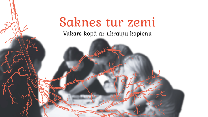Attēls ar cilvēkiem radošajā darbnīcā un teksts - Saknes tur zemi, vakars kopā ar ukraiņu kopienu