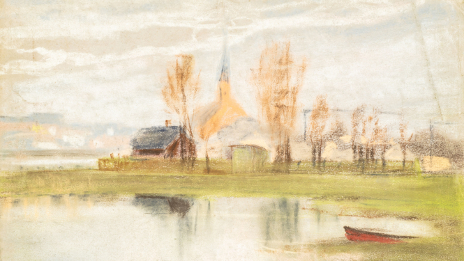 Glezna, kur attēlota Sarkandaugavas ainava ar Svētās Trīsvienības baznīcu. Rīga, 1938. gads