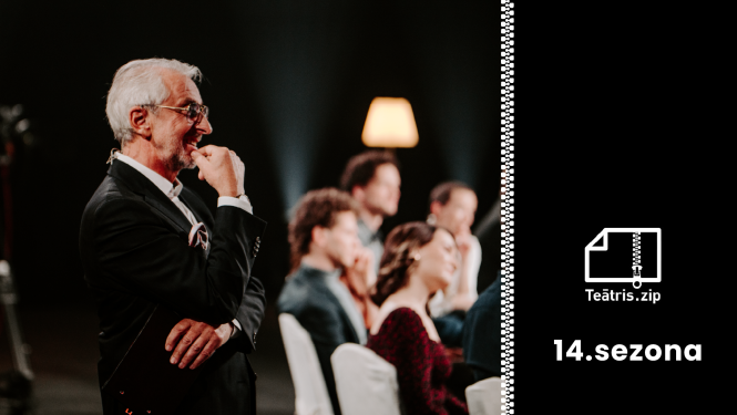 Teātra personība Ojārs Rubenis un Teātris.zip logo ar tekstu "14. sezona"