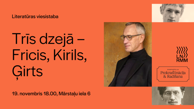 Pasākuma afiša ar tekstu: Trīs dzejā - Fricis, Kirils, Ģirts un trīs dzejnieku portretu fragmenti uz oranžas krāsas fona