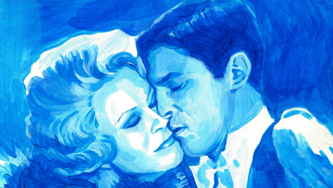 Glezna zilos toņos, kurā redzam vīrieša un sievietes sejas, kas piekļāvušās viena otrai