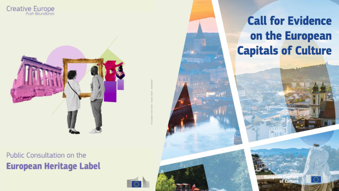 Vizuālais materiāls, kas apvieno 2 attēlus - kreisajā pusē atrodas Eiropas mantojuma zīmes vizuālais materiāls - kolāža, kas uz gaiši dzeltenā fona attēlo divus cilvēkus, kas skatās uz akropoli, gleznas rāmi, un citiem objektiem. Labajā pusē atrodas Eiropas kultūras galvaspilsētu vizuālais materiāls, kas apvieno 4 pilsētu fonus, kuru priekšā ir caurspīdīgs cipars 40.