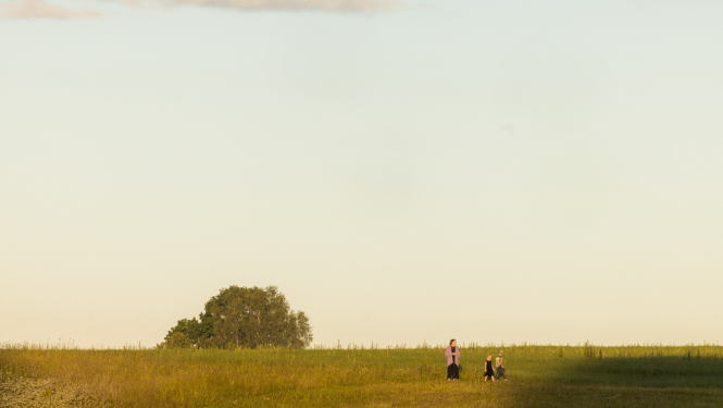 Dabas ainava - pļava ar koku talumā un cilvēkiem