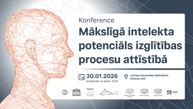 Konferences afiša ar stilizētu cilvēka portretu un tekstu: konference "Mākslīgā intelekta potenciāls izglītības procesu attīstībā"