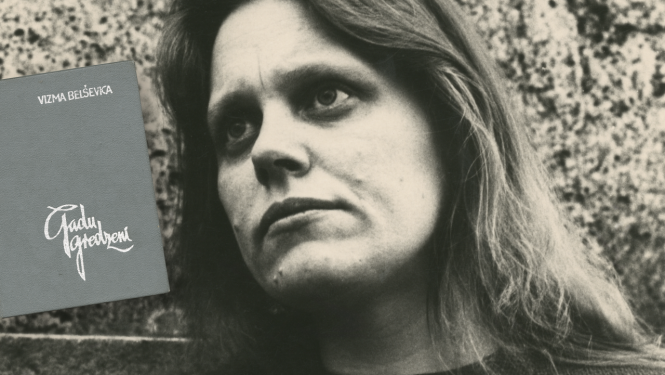 Dzejnieces Vizmas Belševicas portrets un dzejas krājums “Gadu gredzeni”
