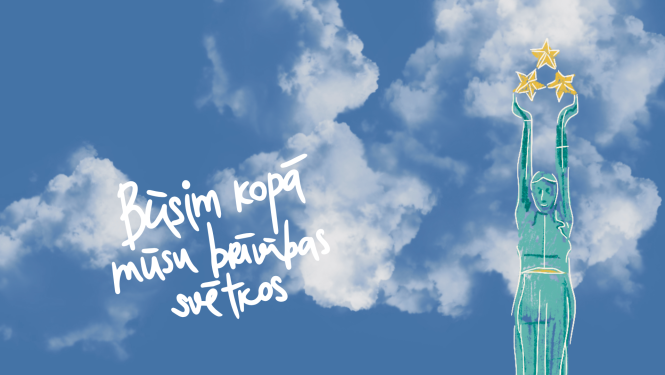 Brīvības pieminekļa attēls un uzraksts: Būsim kopā mūsu brīvības svētkos