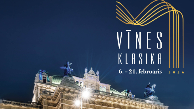 Koncertzāle naksnīgā apgaismojumā, uzraksts: Vīnes klasika 6.-21. februāris