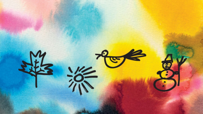 Krāsains akvareļu krāsu fons un ar roku zīmētas figūras - lapa, saule, putns un sniegavīrs