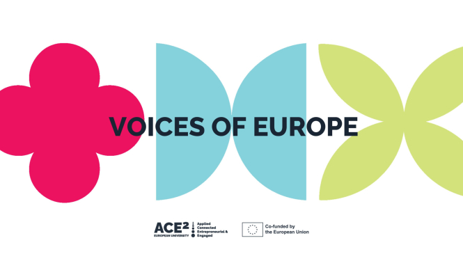 Rozā, zilas un zaļas formas figūras un teksts "Voices of Europe"