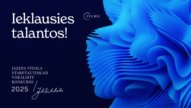 Jāzepa Vītola starptautiskais vokālistu konkursa vizuālais materiāls ar abstraktām formām zilā krāsā
