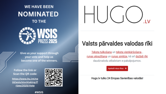 WSIS balvas aicinājums balsot un Hugo.lv tīmekļvietnes sākumlapas fragments