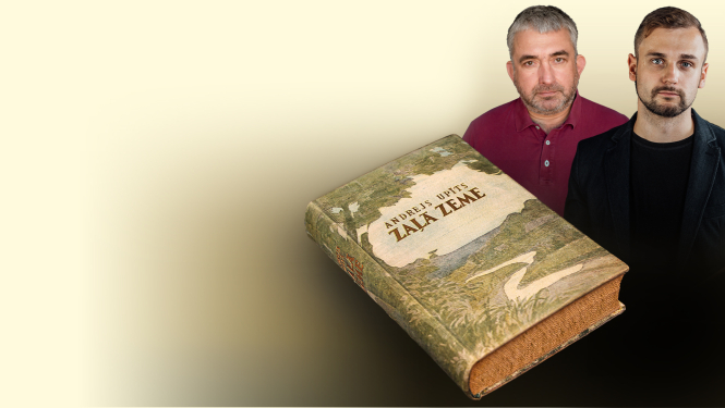 Aktieris Gundars Āboliņš, sitaminstrumentālists Guntars Freibergs un romāna “Zaļā zeme” sējums