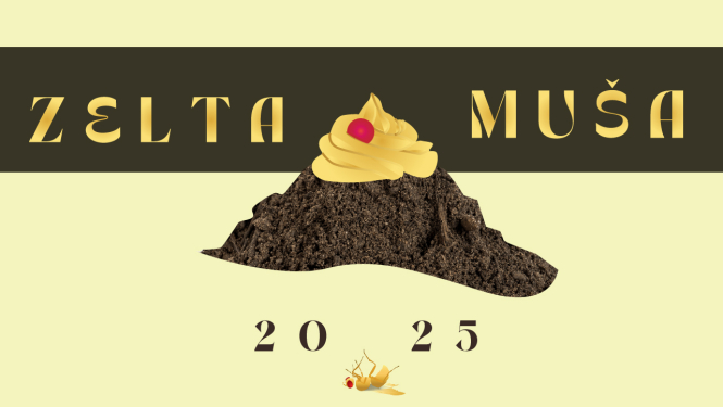 Latvijas Kultūras akadēmijas alternatīvās teātra gada balvas “Zelta muša” plakāts ar tekstu: ZELTA MUŠA 2025