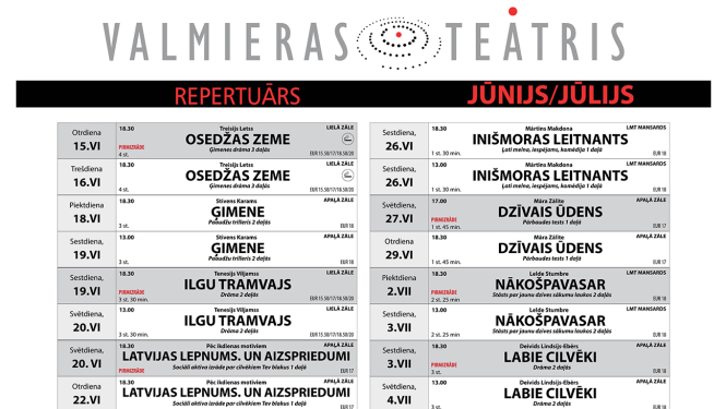 Valmieras teātra jūnija izrāžu kalendārs