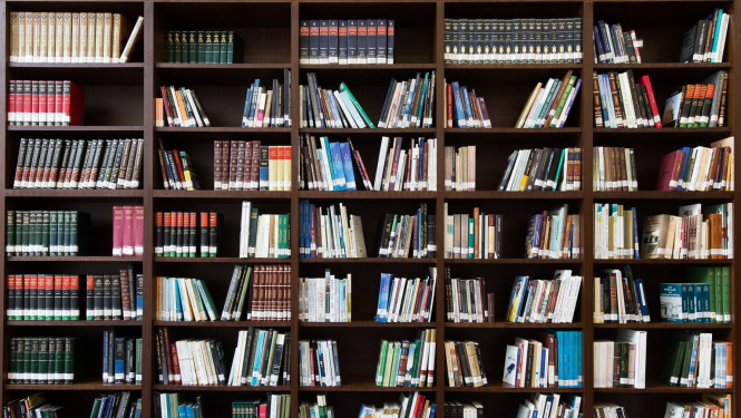 Grāmatu plaukts bibliotēkā.