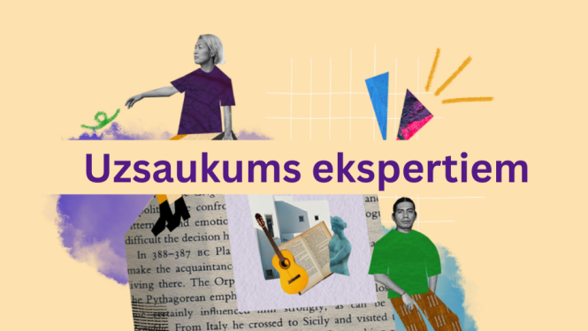 Radošās Eiropas mobilitātes shēmas "Culture Moves Europe" vizuālais materiāls ar tekstu "uzsaukums ekspertiem". Vizuālais materiāls ir kolāža uz gaiši oranžā fona, kas attēlo divus māksliniekus, grāmatas fragmentu, ģitāru, skulptūru, un citus elementus.