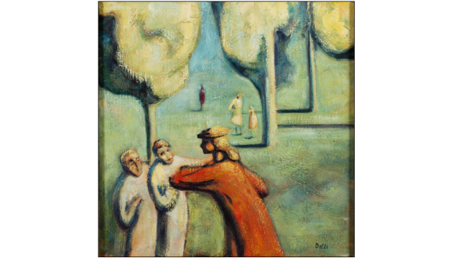 Glezna ar trīs cilvēkiem dārzā