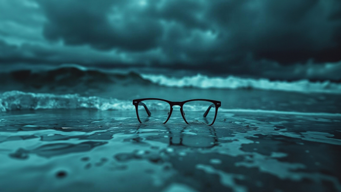 Iestudējuma “Kaids nūteikti atīs” (“Kāds noteikti atnāks”) vizuālais materiāls - brilles jūras krastā